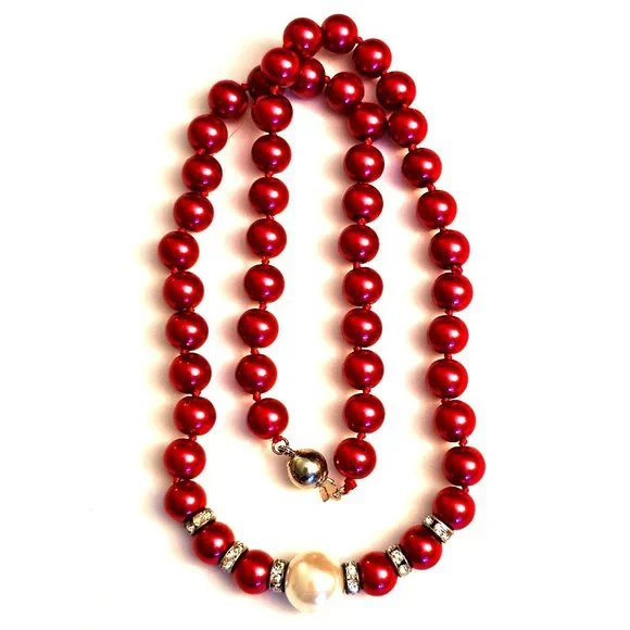 Jewelry Deep Red 19 Glass Beaded Necklace W White Faux Pearl